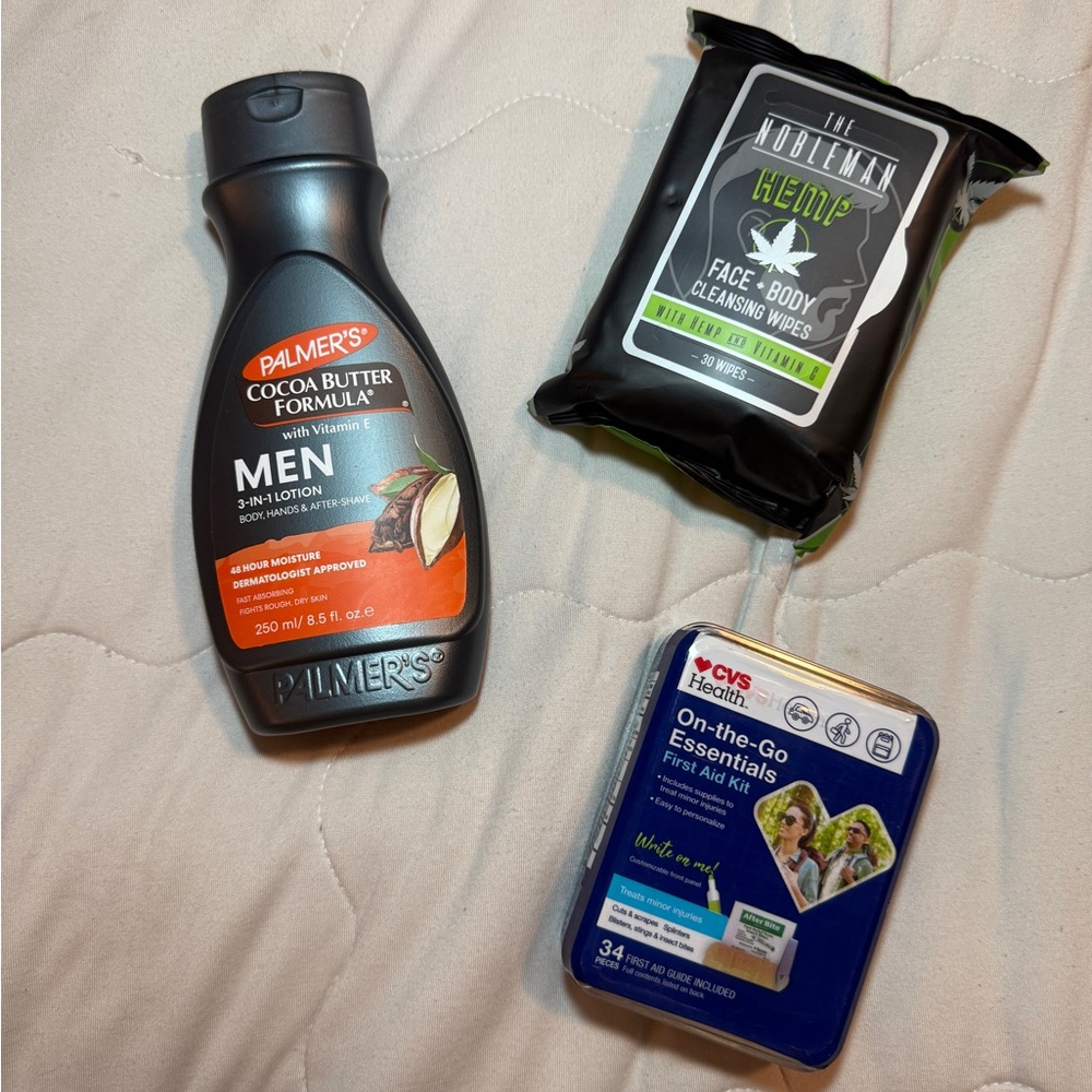 Men's 3 piece bundle:lotion, face and body wipes, and first aid kit
NEW